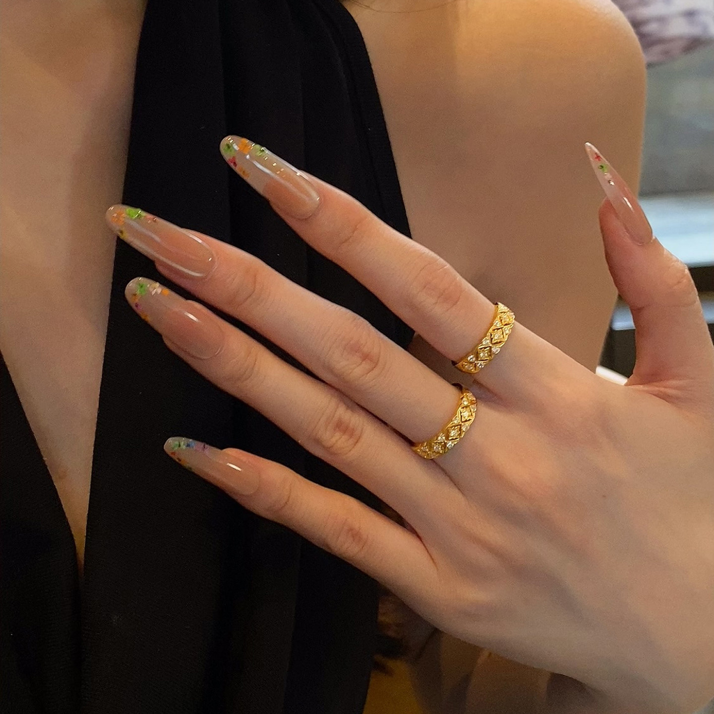 Queyunlai gold dot diamond ring 999 solid gold women's ring French retro rhombus ring fashion light luxury high-end