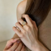 Queyunlai gold ring women's round full diamond smiley face seal ring 999 pure gold personalized fashion ins style