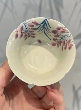 惊蛰 草木灰手绘紫藤花高脚花口杯茶杯 中式创意品茗杯功夫茶具