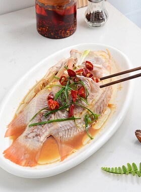 纯白椭圆形家用蒸鱼盘特大号加厚加深海鲜盘子高端创意酒店餐具