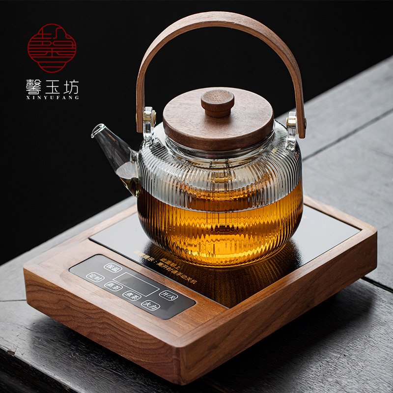 Light luxury walnut electric ceramic stove, heat-resistant glass lifting beam kettle, tea making set around the stove