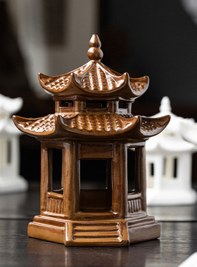 陶瓷凉亭摆件微景观禅意六角亭宝塔装饰假山鱼Q缸园艺花盆造景配