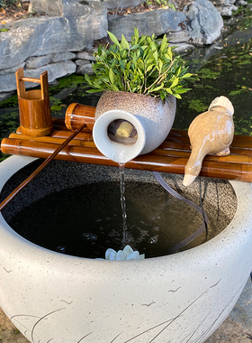 陶瓷鱼缸竹子流水过滤q摆件三合一增氧净水圆缸专用过滤水循环系