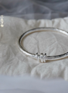 足银999锤纹三生万物纯银手镯小众素圈盘缠闭口手环百搭送女友礼