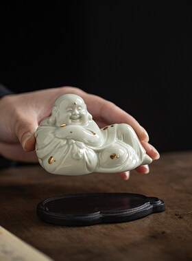 新中式复古弥勒佛摆件陶瓷u大肚笑佛禅意书房书桌镇纸笔架毛笔托