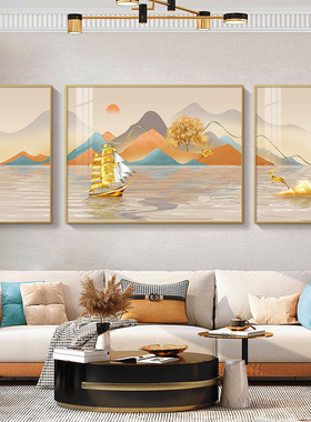 金山福鹿客厅装饰画高级感沙发背景墙挂画轻奢山水三联画新款壁画