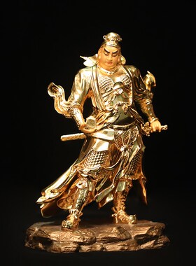 黄铜贴金关公坐像绿袍关二爷神像关羽副将关平周仓护法像关圣帝君
