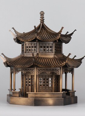 中式禅意古铜色建筑八角亭子木质工艺品售楼部样板间博古架摆件