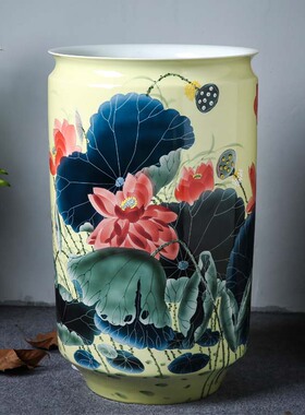 大师手绘黄色花瓶高陶瓷书画筒画缸卷轴缸字画收纳客厅落地摆件