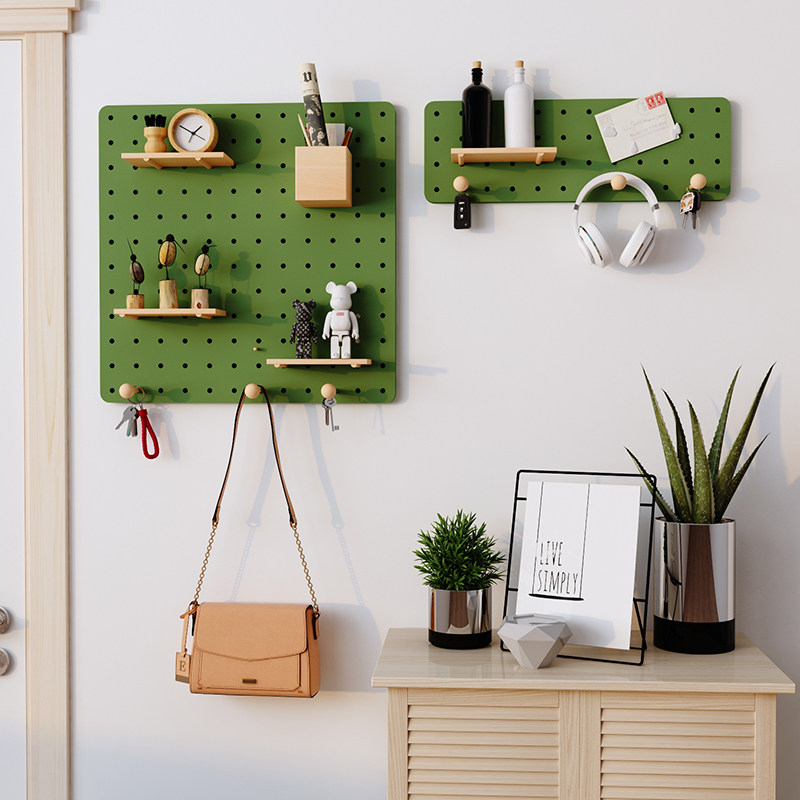 Entrance hole board wooden hanging board storage rack entry solid wood wall storage background wall decoration display rack customization