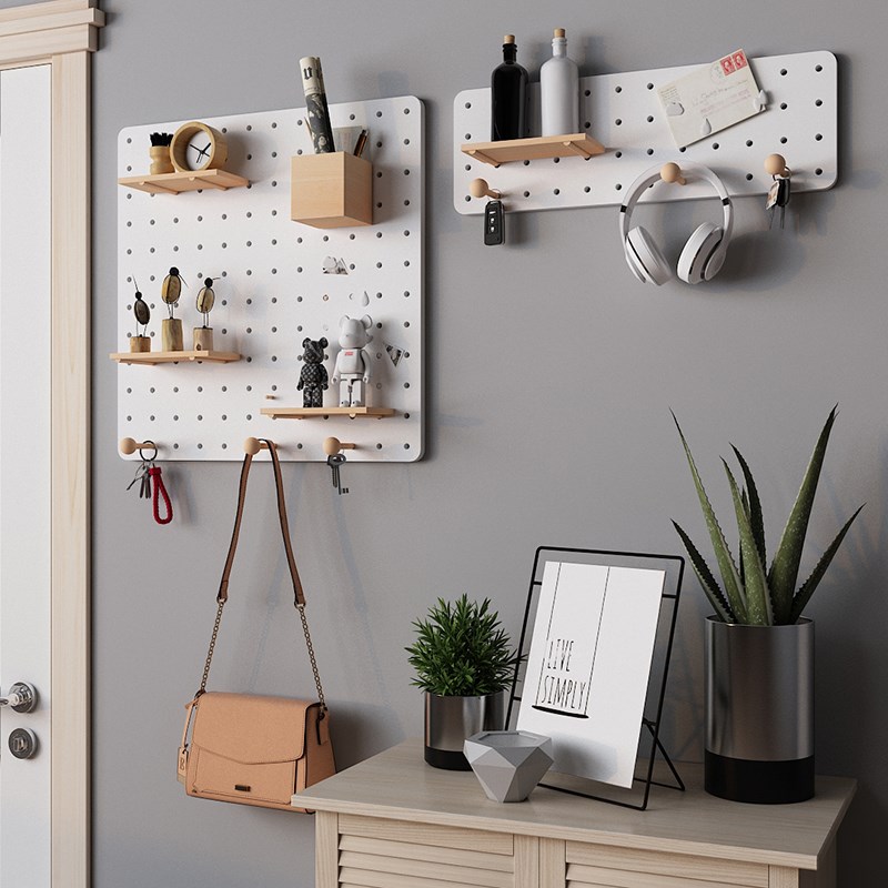 Entrance hole board wooden hanging board storage rack entry solid wood wall storage background wall decoration display rack customization