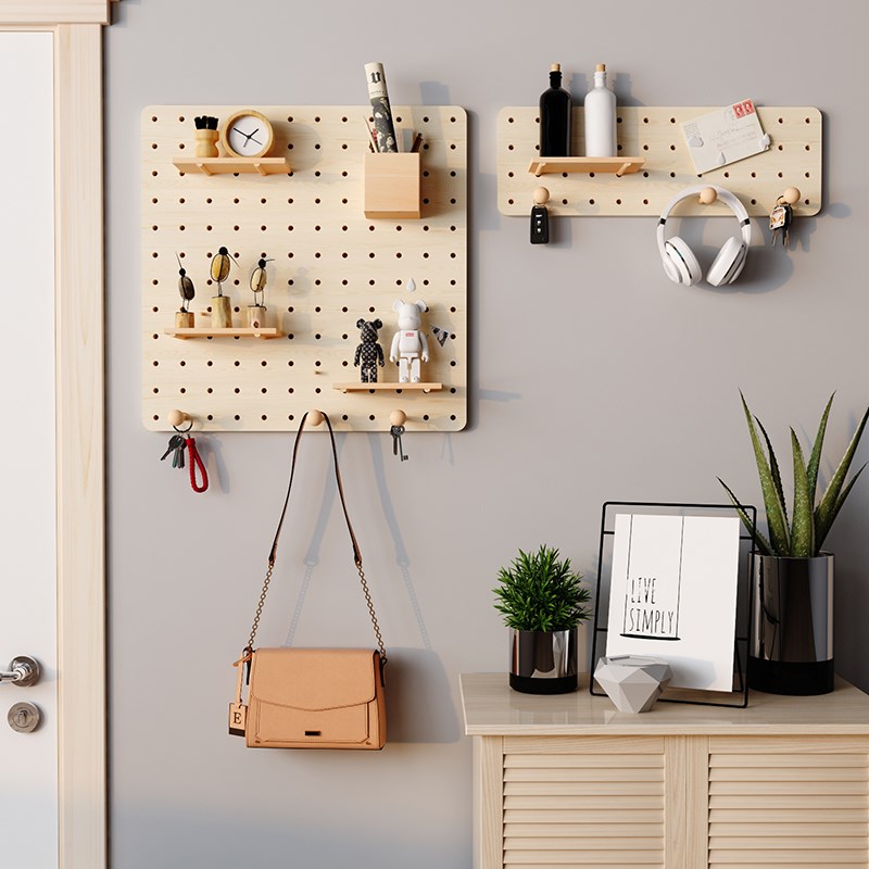 Entrance hole board wooden hanging board storage rack entry solid wood wall storage background wall decoration display rack customization
