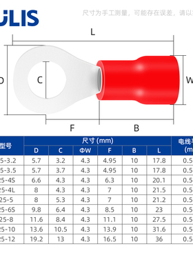 100只紫铜RV冷压接线端子铜线鼻子圆形O型预绝缘压线耳接头接线鼻