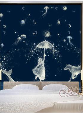 梦幻蓝色月亮星空睡莲墙贴画夜空卧室墙纸贴自粘壁纸直播背景壁画