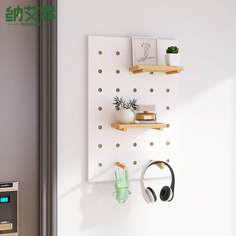Wall hole board storage rack solid wood display rack hanging board entry entrance storage wall hanging bookshelf decorative rack