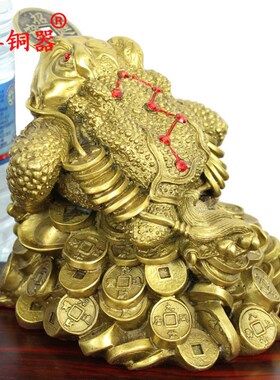 宇卓铜器纯铜金蟾黄铜金蟾蟾蜍踩两元宝金蟾工艺品摆饰