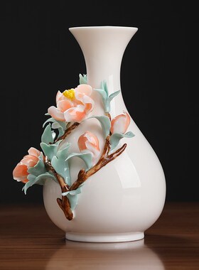 东方泥土 花开富贵陶瓷手工瓷花花瓶摆件中式客厅插花艺术装饰品