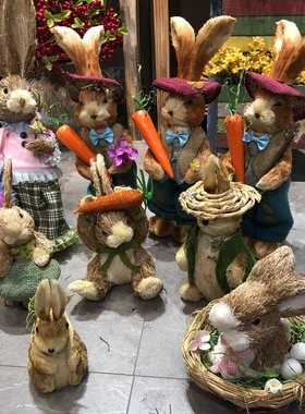 复古兔子手工稻草玩偶摆件民宿酒店花园家居花店幼儿园婚庆道具