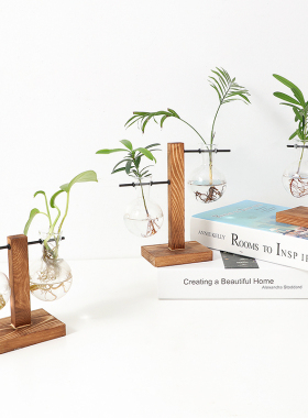 木架水培器皿绿萝植物小花瓶水养创意办公室台面摆件原木三件套装