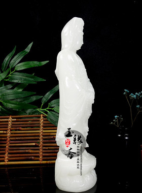 天然阿富汗白玉站像观音菩萨佛像供奉摆件莲花观音家居桌面装饰品
