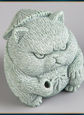 青砂石猫钓鱼茶宠鱼缸造景中式居家办公创意国潮精品动物装饰摆件