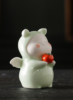 创意小猪可爱招财陶瓷茶宠摆件诸事大吉柿子工艺品家居桌面装饰品