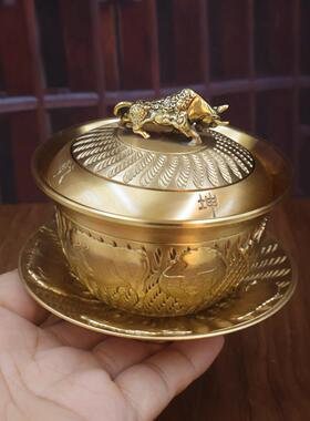 黄铜五牛盖碗可旋转盖茶碗泡茶摆件装饰品办公室店铺开业家居摆件