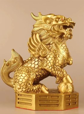 纯黄铜八卦麒麟摆件火公母一对玄关客厅阳台办公桌室招财天斩反弓