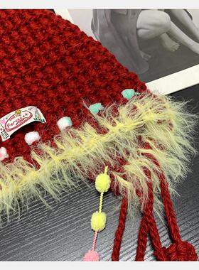 新年圣冬诞红色手UPM工编织织毛线帽女流小苏长辫针帽氛围感显脸