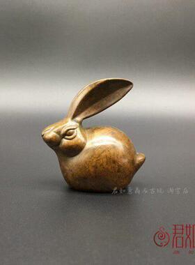 实心铜生肖兔香插摆件 可爱铜兔迷你铜小兔福兔茶艺茶宠把件
