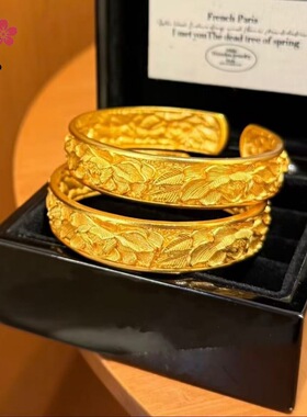 金店同款沙金宽面錾刻牡丹花手镯实心复古花朵镯子新中式手环手饰
