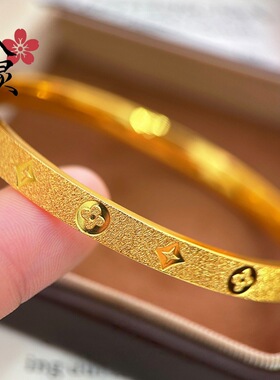 金店同款古法沙金CNC老钱风四叶草老花素圈手镯戒指女送礼批发
