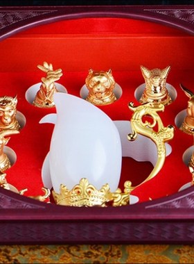 金镶玉12只阿富汗白玉十二生肖酒杯摆饰高档工艺酒具摆件套装摆设