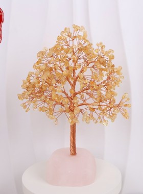天然粉水晶宝石桃花树摆件送礼物原石家居饰品可爱工艺品消磁粉晶