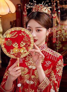 团扇结婚新娘蒲扇秀禾服中式扇子古风手工双面刺绣红色喜扇成品扇