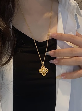 s925纯银宫廷复古雕花镶钻十字金刚杵项链女款高级感轻奢锁骨链