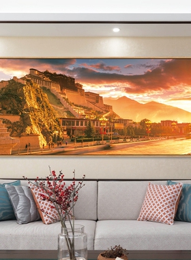 西藏布达拉宫挂画客厅草原画雪山风景画藏式主题餐厅饭店装饰画横