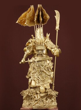纯铜九龙关公武财神像 摆件背插五旗家居办公室供养装饰开业礼品