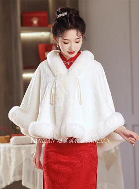 新娘结婚毛披纱肩婚披肩篷礼保婚暖披GRO风白色开衫伴娘皮斗草外