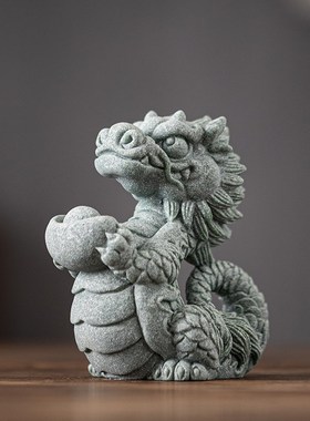 国潮风青砂石生肖龙瑞兽神龙摆件茶宠可养创意鱼缸造景盆栽装饰品