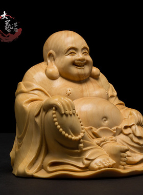黄杨木雕笑佛像客厅实木汽车摆件供奉雕刻工艺品装饰品大肚弥勒佛