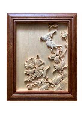 周先荣手工木雕东阳背景墙春夏秋冬四条屏 椴木花鸟雕刻小品
