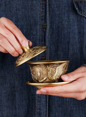 黄铜龙凤茶碗三件套摆件家居客厅中式古典茶具春节新年创意礼品
