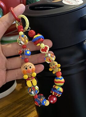 甄选手作彩色手绘面包超人串珠手机链 卡通光头公仔包挂件钥匙扣