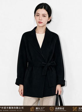 双面大衣女短款 立领斜门襟红色系带收腰羊毛大衣小个子毛呢外套