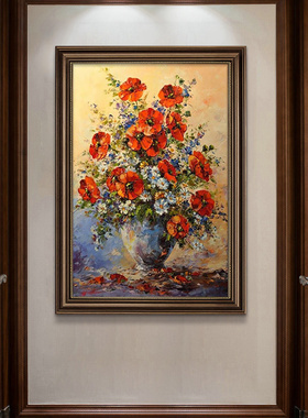 牡丹花玄关装饰画美式挂画复古油画客厅壁画正进门墙画高级感欧式