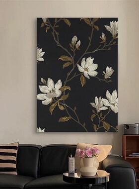 中古风客厅挂画高级感复古花卉沙发背景墙装饰画侘寂风黑白玄关画