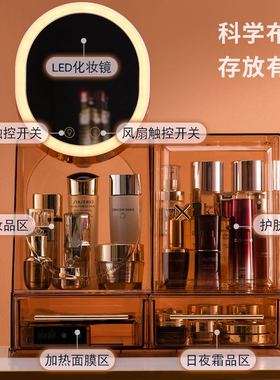 轻奢化妆品收纳盒高级感带镜子面膜加热化妆镜一体护肤收纳箱防尘