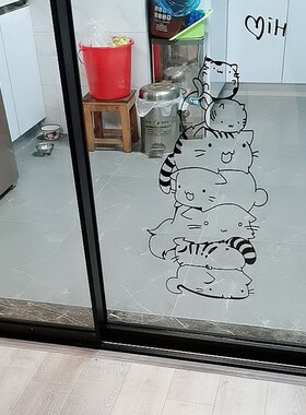 可爱小猫咪宠物店猫咖沙发卧室浴室小猫屋背景装饰墙角玻璃门贴纸
