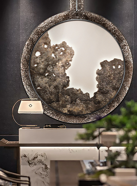 新中式入户玄关圆形装饰画太湖清秋浮雕肌理实物挂画别墅餐厅壁画